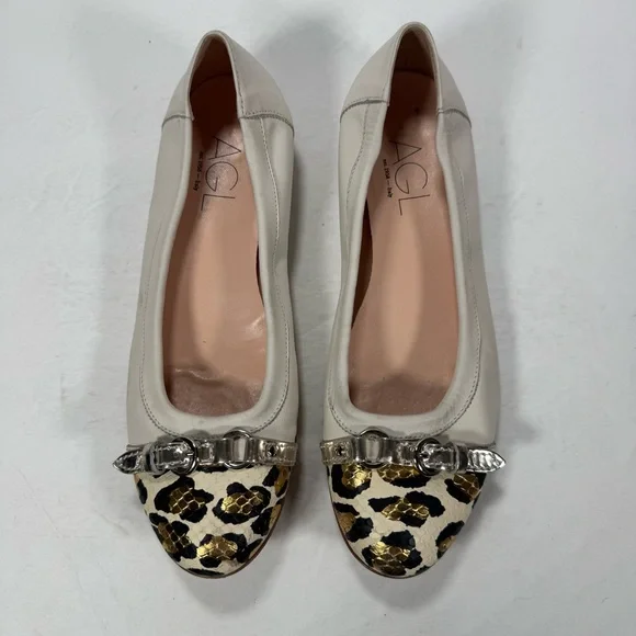 AGL Attilio Giusti Leombruni Cream Metallic Leopard Print Captoe Flats Size 9 - Picture 2 of 12